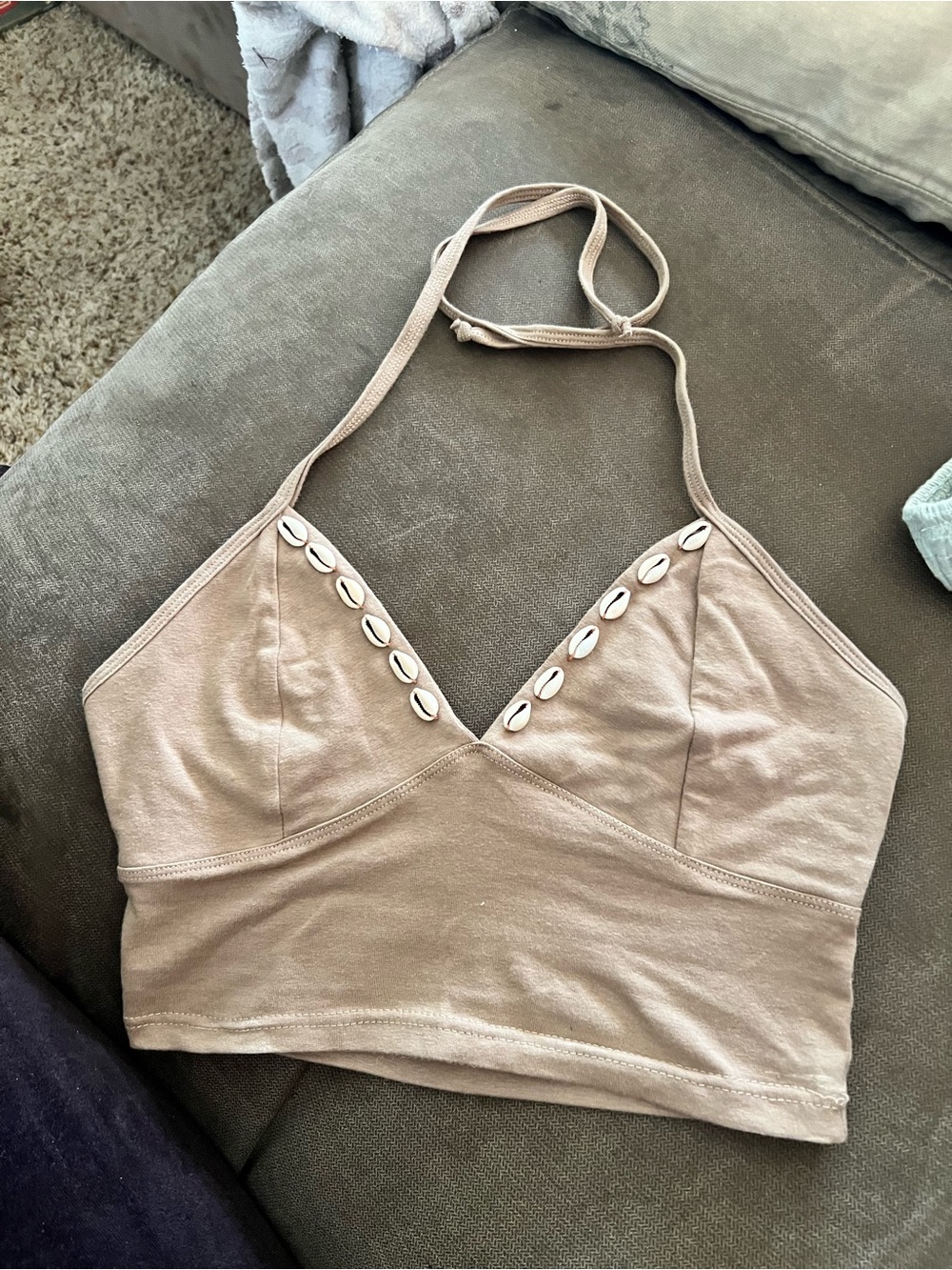 Shell-Trim Halter Crop Top in Taupe
